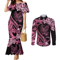 polynesian-floral-butterfly-couples-matching-mermaid-dress-and-long-sleeve-button-shirts-breast-cancer-pink-ribbon