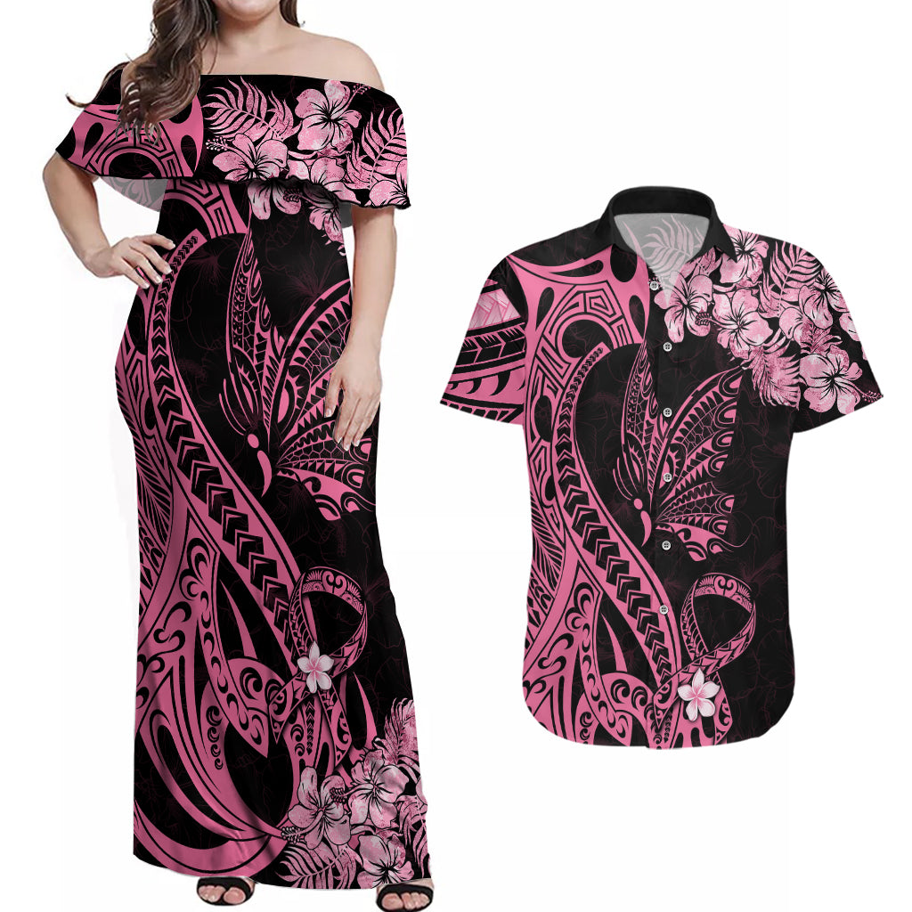 Polynesian Floral Butterfly Couples Matching Off Shoulder Maxi Dress and Hawaiian Shirt Breast Cancer Pink Ribbon LT9 - Wonder Print Shop