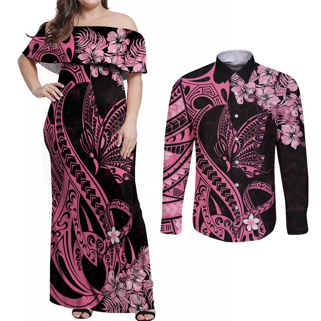 Polynesian Floral Butterfly Couples Matching Off Shoulder Maxi Dress and Long Sleeve Button Shirts Breast Cancer Pink Ribbon LT9 - Wonder Print Shop