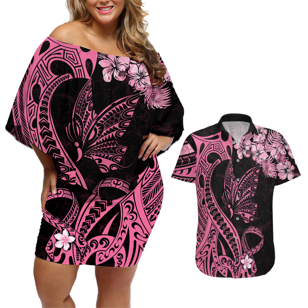 Polynesian Floral Butterfly Couples Matching Off Shoulder Short Dress and Hawaiian Shirt Breast Cancer Pink Ribbon LT9 - Wonder Print Shop