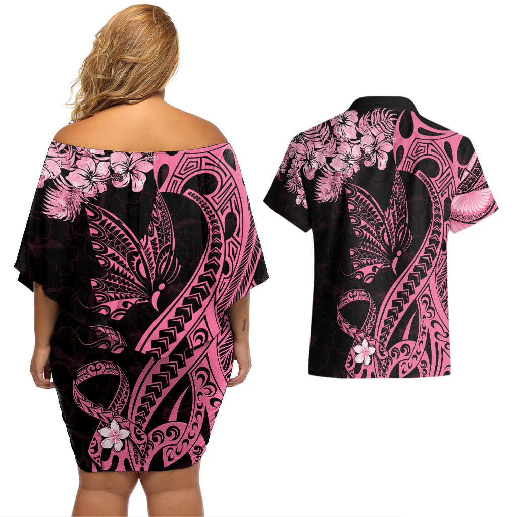 Polynesian Floral Butterfly Couples Matching Off Shoulder Short Dress and Hawaiian Shirt Breast Cancer Pink Ribbon LT9 - Wonder Print Shop