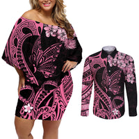 Polynesian Floral Butterfly Couples Matching Off Shoulder Short Dress and Long Sleeve Button Shirts Breast Cancer Pink Ribbon LT9 - Wonder Print Shop