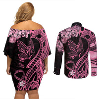 Polynesian Floral Butterfly Couples Matching Off Shoulder Short Dress and Long Sleeve Button Shirts Breast Cancer Pink Ribbon LT9 - Wonder Print Shop