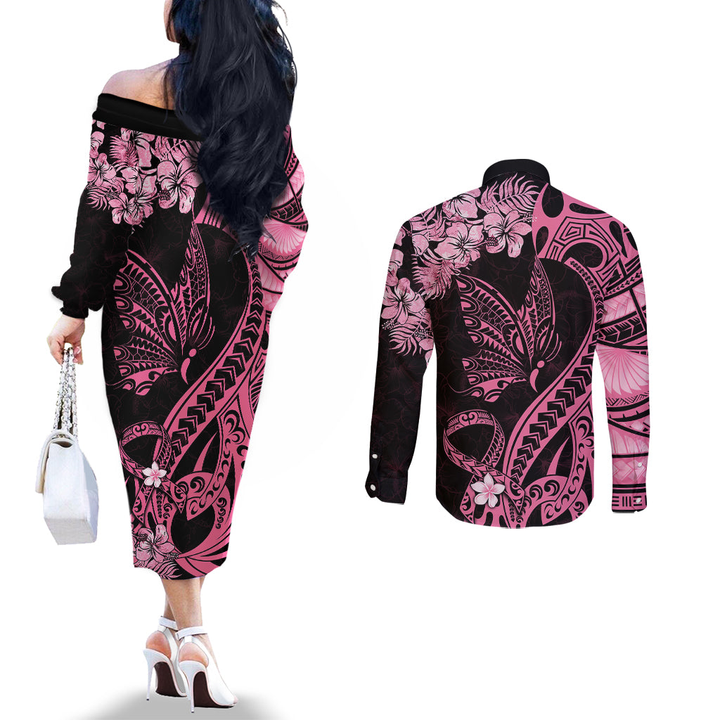 polynesian-floral-butterfly-couples-matching-off-the-shoulder-long-sleeve-dress-and-long-sleeve-button-shirts-breast-cancer-pink-ribbon