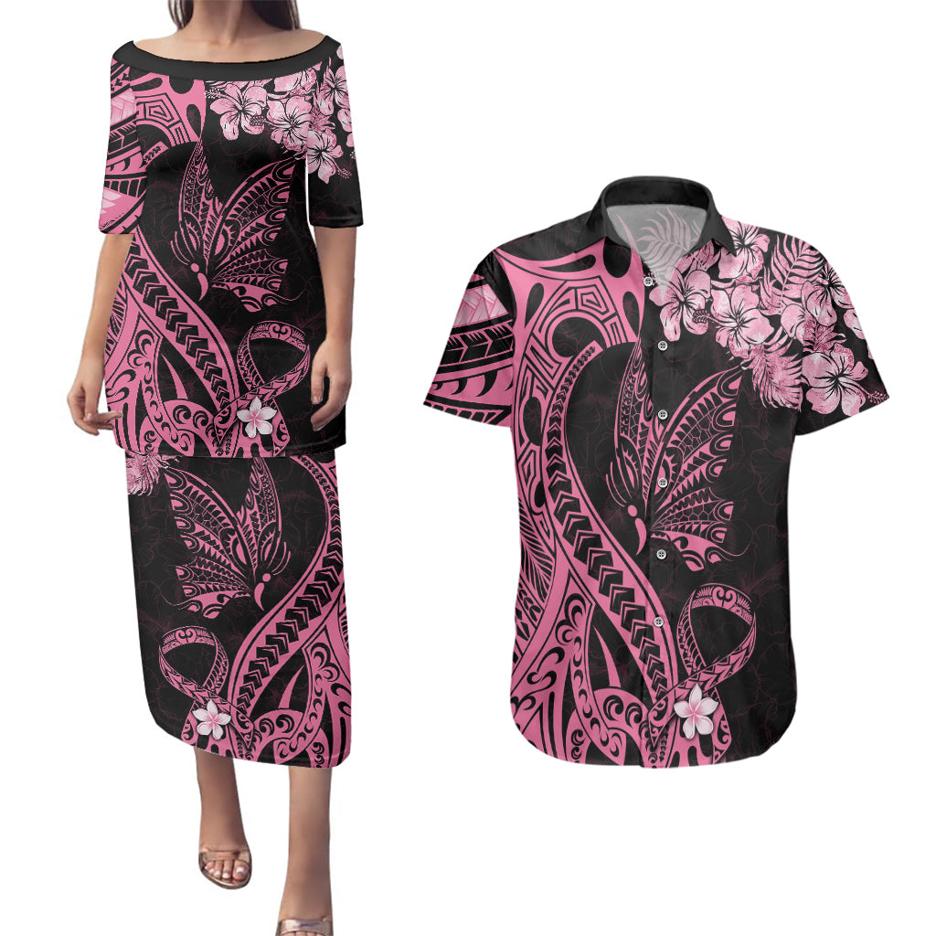 Polynesian Floral Butterfly Couples Matching Puletasi Dress and Hawaiian Shirt Breast Cancer Pink Ribbon LT9 - Wonder Print Shop