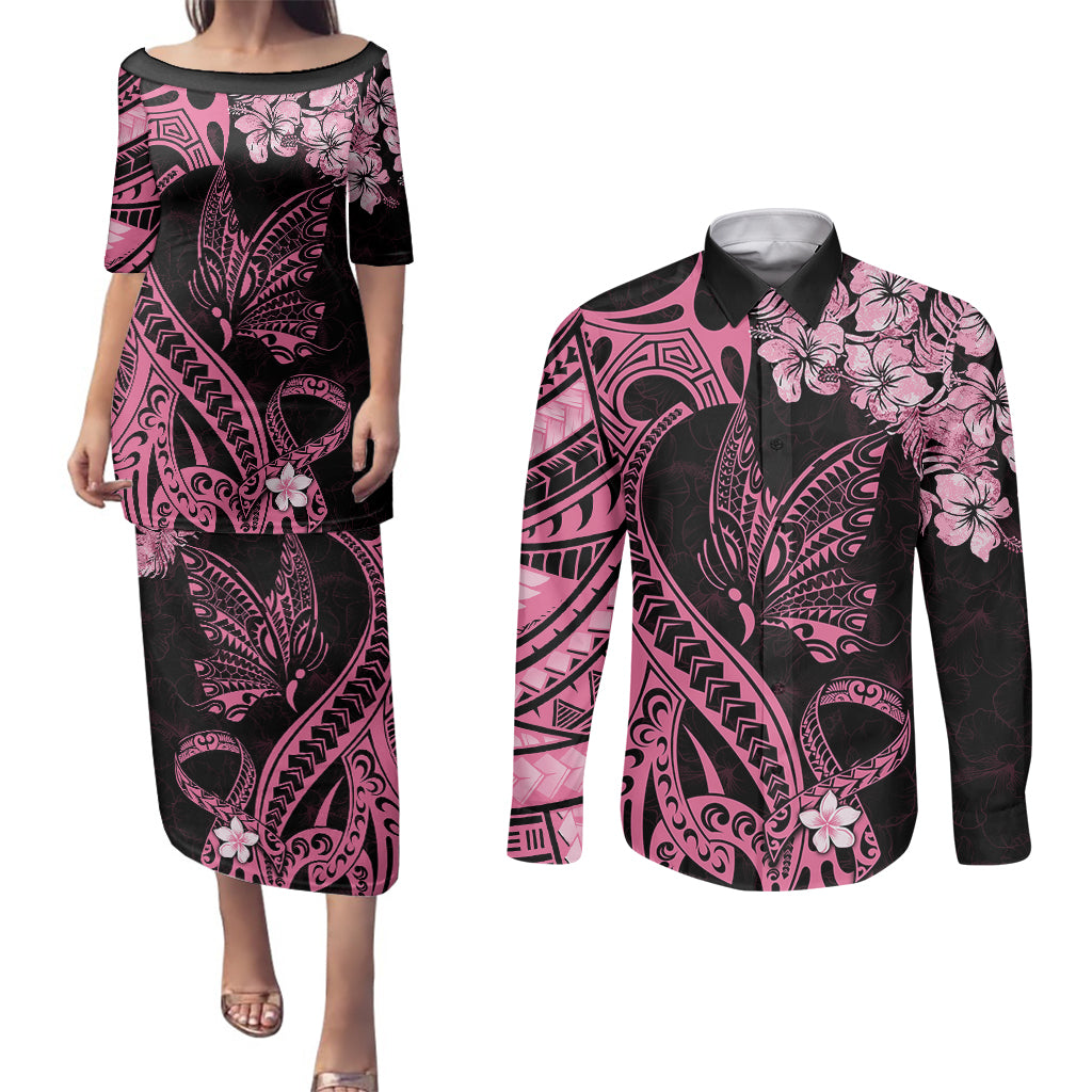 Polynesian Floral Butterfly Couples Matching Puletasi Dress and Long Sleeve Button Shirts Breast Cancer Pink Ribbon LT9 - Wonder Print Shop