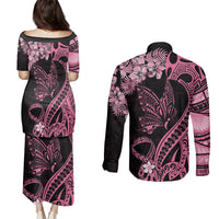 Polynesian Floral Butterfly Couples Matching Puletasi Dress and Long Sleeve Button Shirts Breast Cancer Pink Ribbon LT9 - Wonder Print Shop