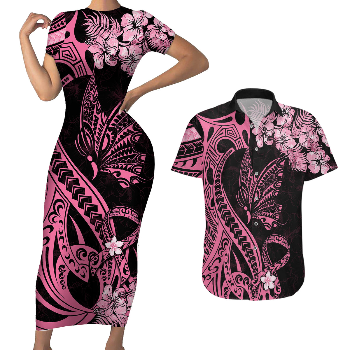 Polynesian Floral Butterfly Couples Matching Short Sleeve Bodycon Dress and Hawaiian Shirt Breast Cancer Pink Ribbon LT9 - Wonder Print Shop