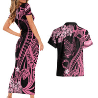 Polynesian Floral Butterfly Couples Matching Short Sleeve Bodycon Dress and Hawaiian Shirt Breast Cancer Pink Ribbon LT9 - Wonder Print Shop