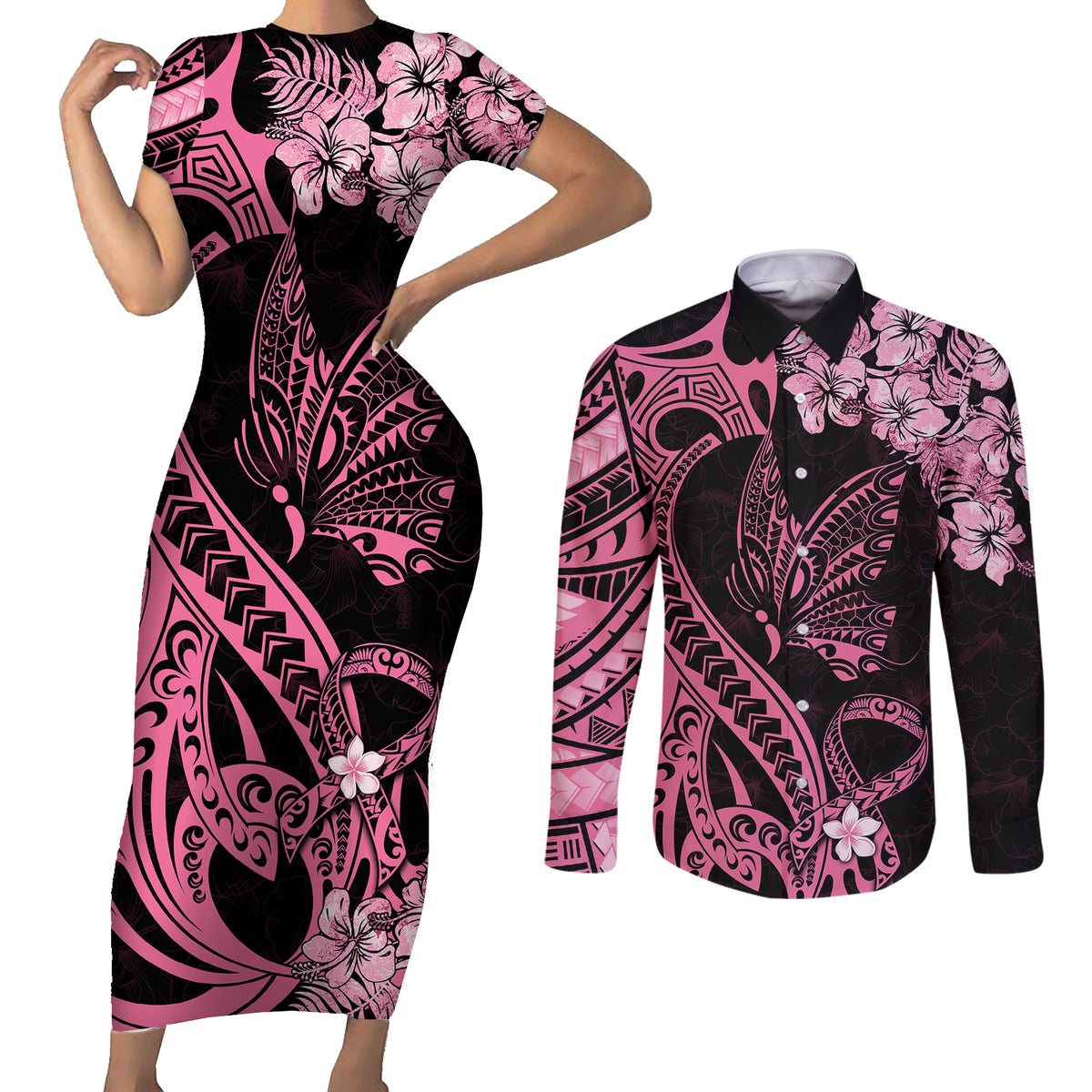 Polynesian Floral Butterfly Couples Matching Short Sleeve Bodycon Dress and Long Sleeve Button Shirts Breast Cancer Pink Ribbon LT9 - Wonder Print Shop