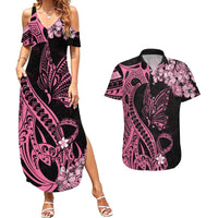 Polynesian Floral Butterfly Couples Matching Summer Maxi Dress and Hawaiian Shirt Breast Cancer Pink Ribbon LT9 - Wonder Print Shop