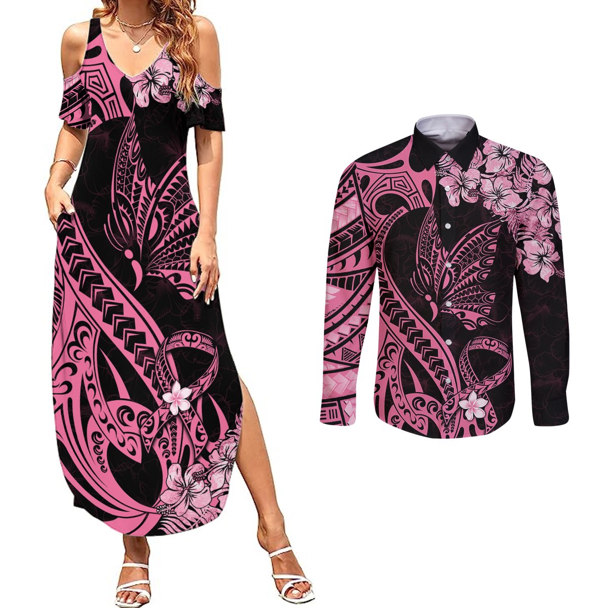 Polynesian Floral Butterfly Couples Matching Summer Maxi Dress and Long Sleeve Button Shirts Breast Cancer Pink Ribbon LT9 - Wonder Print Shop