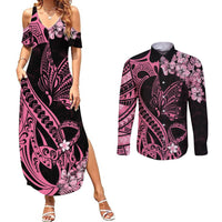 Polynesian Floral Butterfly Couples Matching Summer Maxi Dress and Long Sleeve Button Shirts Breast Cancer Pink Ribbon LT9 - Wonder Print Shop