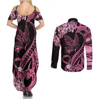 Polynesian Floral Butterfly Couples Matching Summer Maxi Dress and Long Sleeve Button Shirts Breast Cancer Pink Ribbon LT9 - Wonder Print Shop