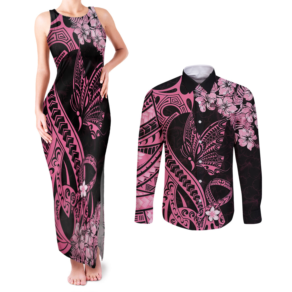 Polynesian Floral Butterfly Couples Matching Tank Maxi Dress and Long Sleeve Button Shirts Breast Cancer Pink Ribbon LT9 - Wonder Print Shop