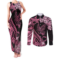 Polynesian Floral Butterfly Couples Matching Tank Maxi Dress and Long Sleeve Button Shirts Breast Cancer Pink Ribbon LT9 - Wonder Print Shop