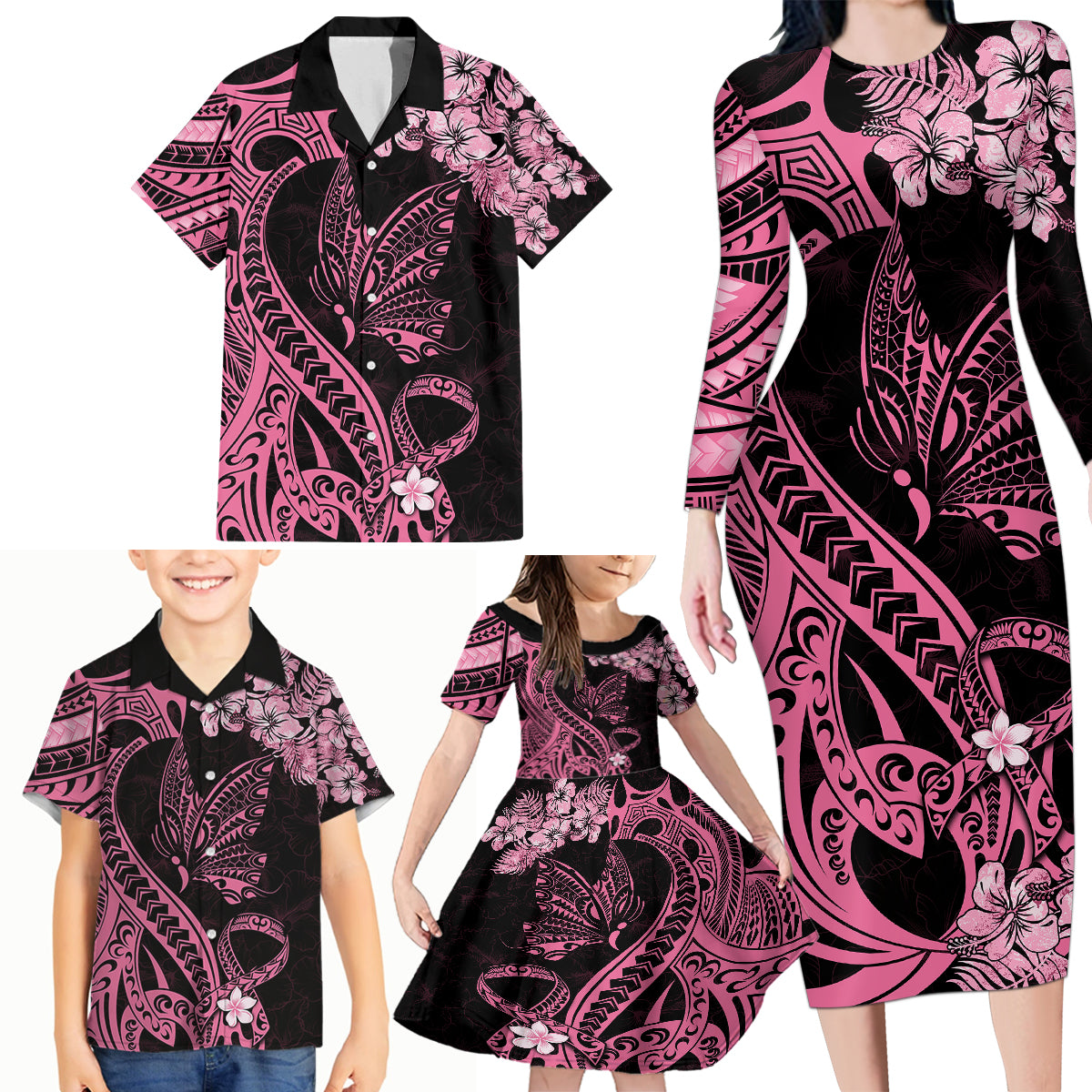 Polynesian Floral Butterfly Family Matching Long Sleeve Bodycon Dress and Hawaiian Shirt Breast Cancer Pink Ribbon LT9 - Wonder Print Shop