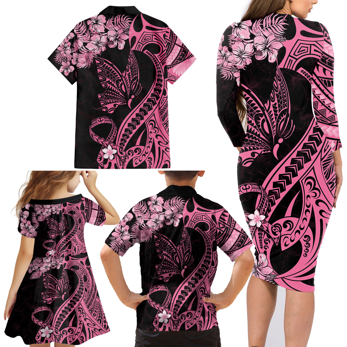 Polynesian Floral Butterfly Family Matching Long Sleeve Bodycon Dress and Hawaiian Shirt Breast Cancer Pink Ribbon LT9 - Wonder Print Shop