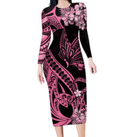Polynesian Floral Butterfly Family Matching Long Sleeve Bodycon Dress and Hawaiian Shirt Breast Cancer Pink Ribbon LT9 - Wonder Print Shop