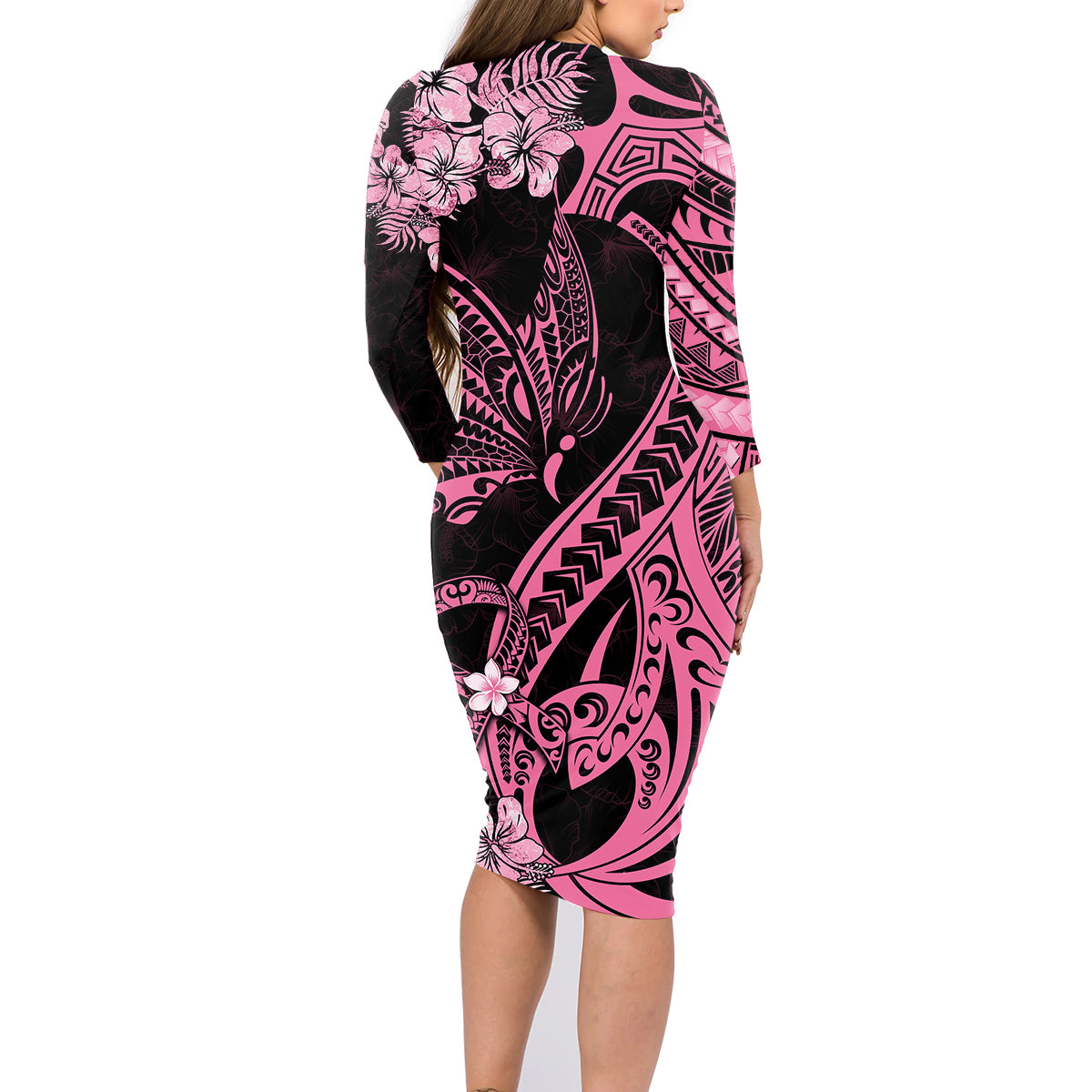Polynesian Floral Butterfly Family Matching Long Sleeve Bodycon Dress and Hawaiian Shirt Breast Cancer Pink Ribbon LT9 - Wonder Print Shop