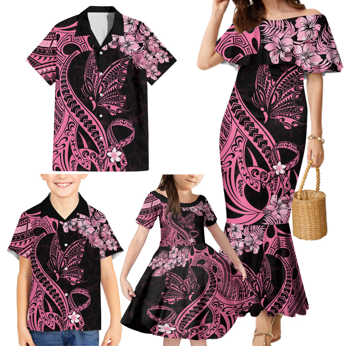 Polynesian Floral Butterfly Family Matching Mermaid Dress and Hawaiian Shirt Breast Cancer Pink Ribbon LT9 - Wonder Print Shop