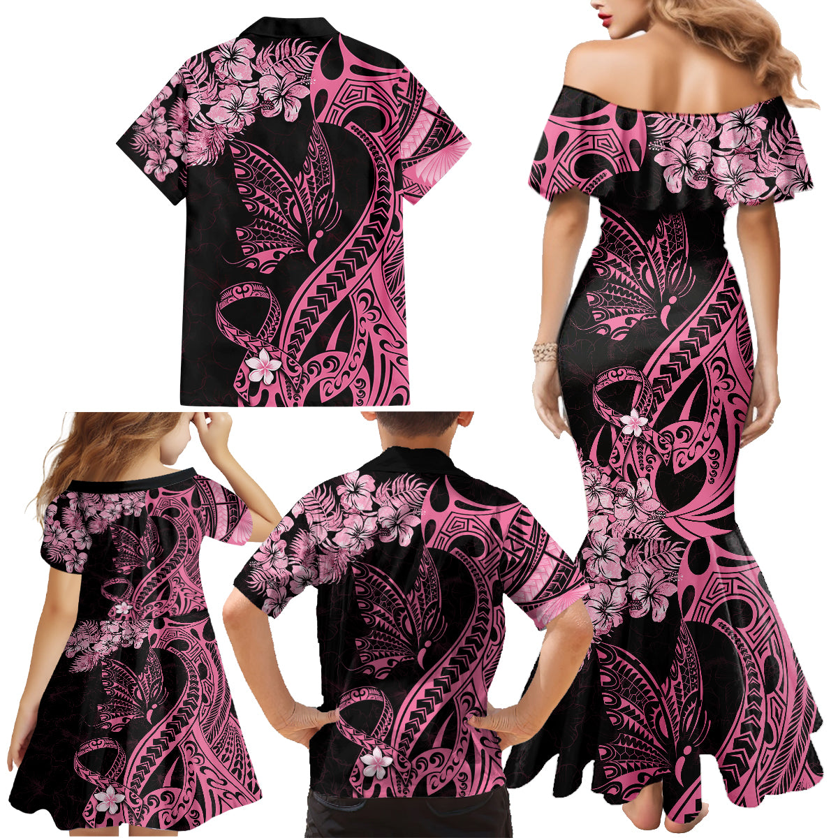 Polynesian Floral Butterfly Family Matching Mermaid Dress and Hawaiian Shirt Breast Cancer Pink Ribbon LT9 - Wonder Print Shop