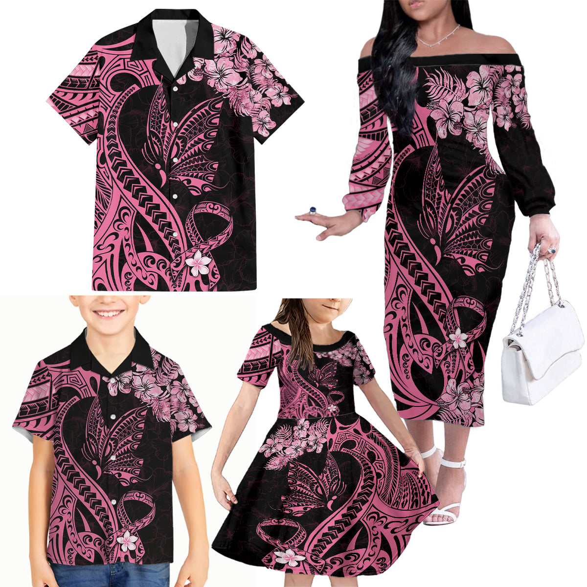 Polynesian Floral Butterfly Family Matching Off Shoulder Long Sleeve Dress and Hawaiian Shirt Breast Cancer Pink Ribbon - Wonder Print Shop