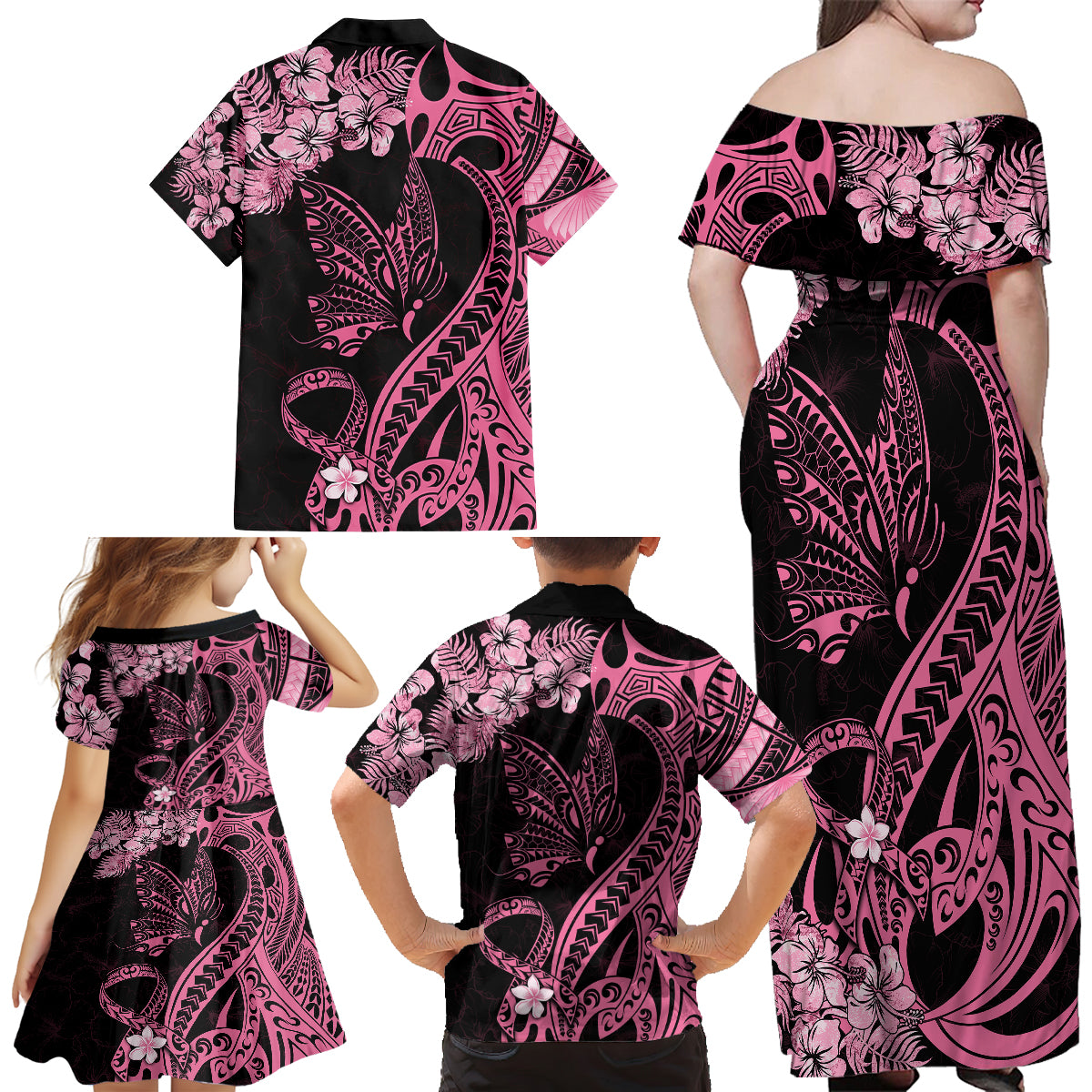 Polynesian Floral Butterfly Family Matching Off Shoulder Long Sleeve Dress and Hawaiian Shirt Breast Cancer Pink Ribbon - Wonder Print Shop