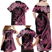 Polynesian Floral Butterfly Family Matching Off Shoulder Long Sleeve Dress and Hawaiian Shirt Breast Cancer Pink Ribbon - Wonder Print Shop