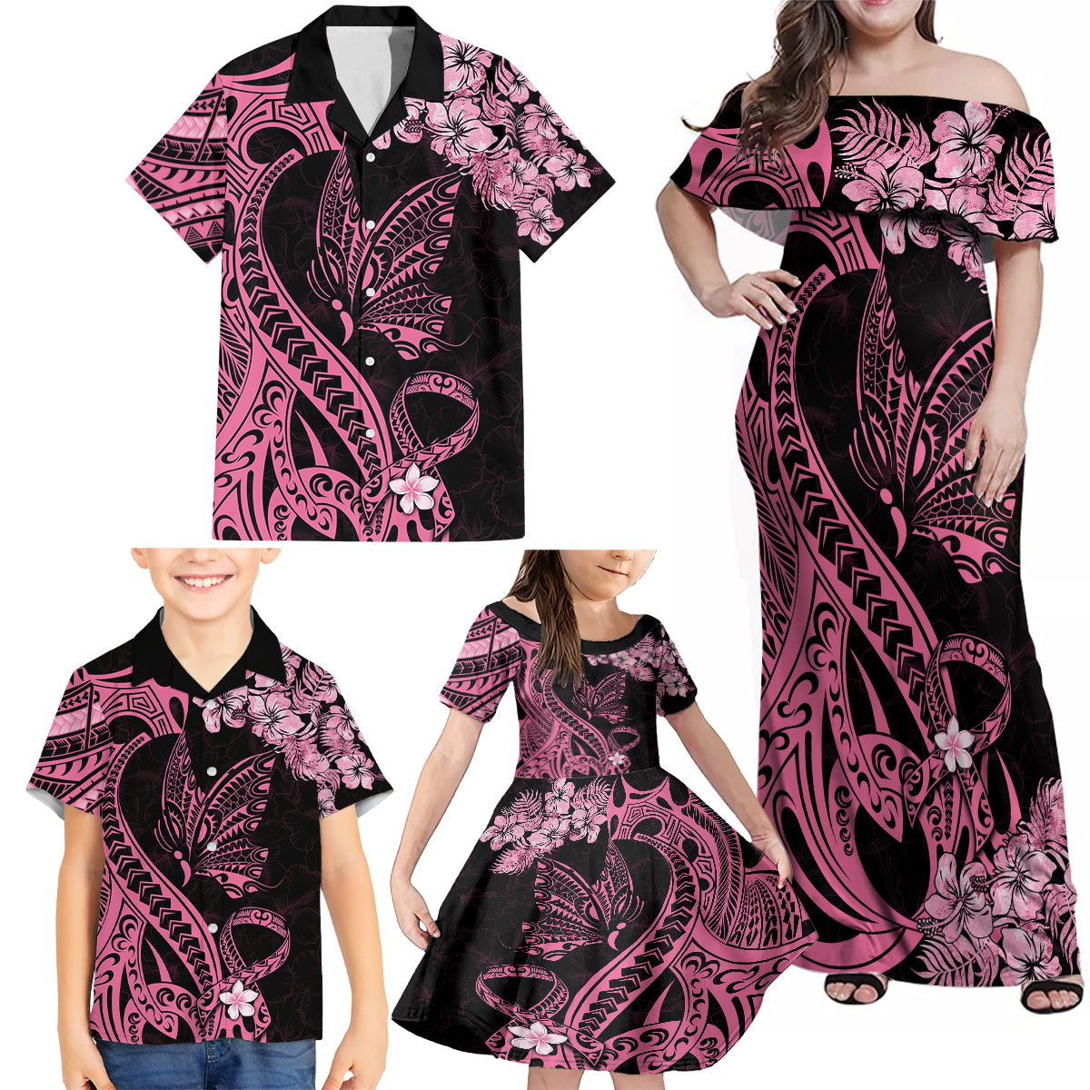Polynesian Floral Butterfly Family Matching Off Shoulder Maxi Dress and Hawaiian Shirt Breast Cancer Pink Ribbon LT9 - Wonder Print Shop