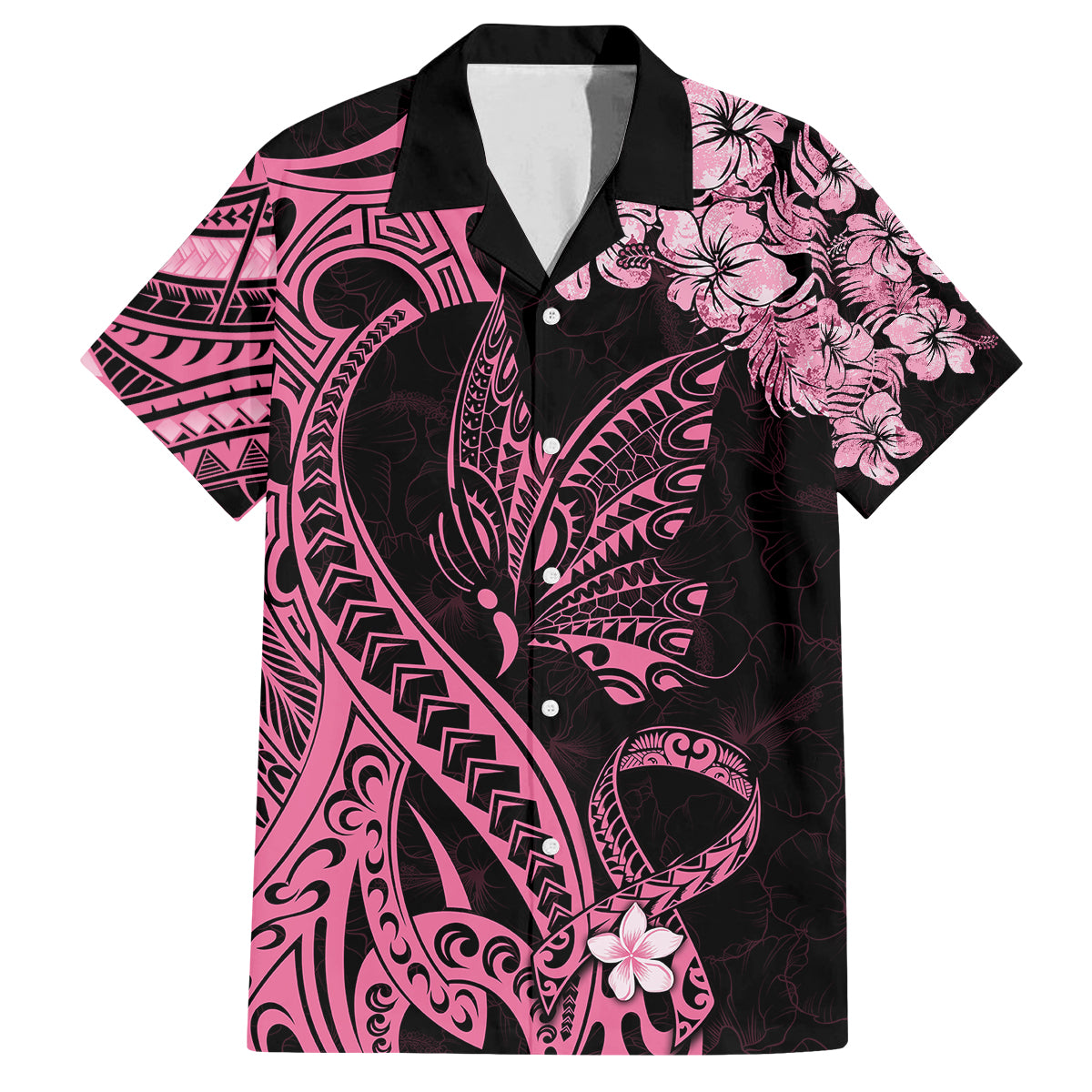 Polynesian Floral Butterfly Family Matching Off Shoulder Maxi Dress and Hawaiian Shirt Breast Cancer Pink Ribbon LT9 - Wonder Print Shop