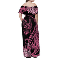 Polynesian Floral Butterfly Family Matching Off Shoulder Maxi Dress and Hawaiian Shirt Breast Cancer Pink Ribbon LT9 - Wonder Print Shop