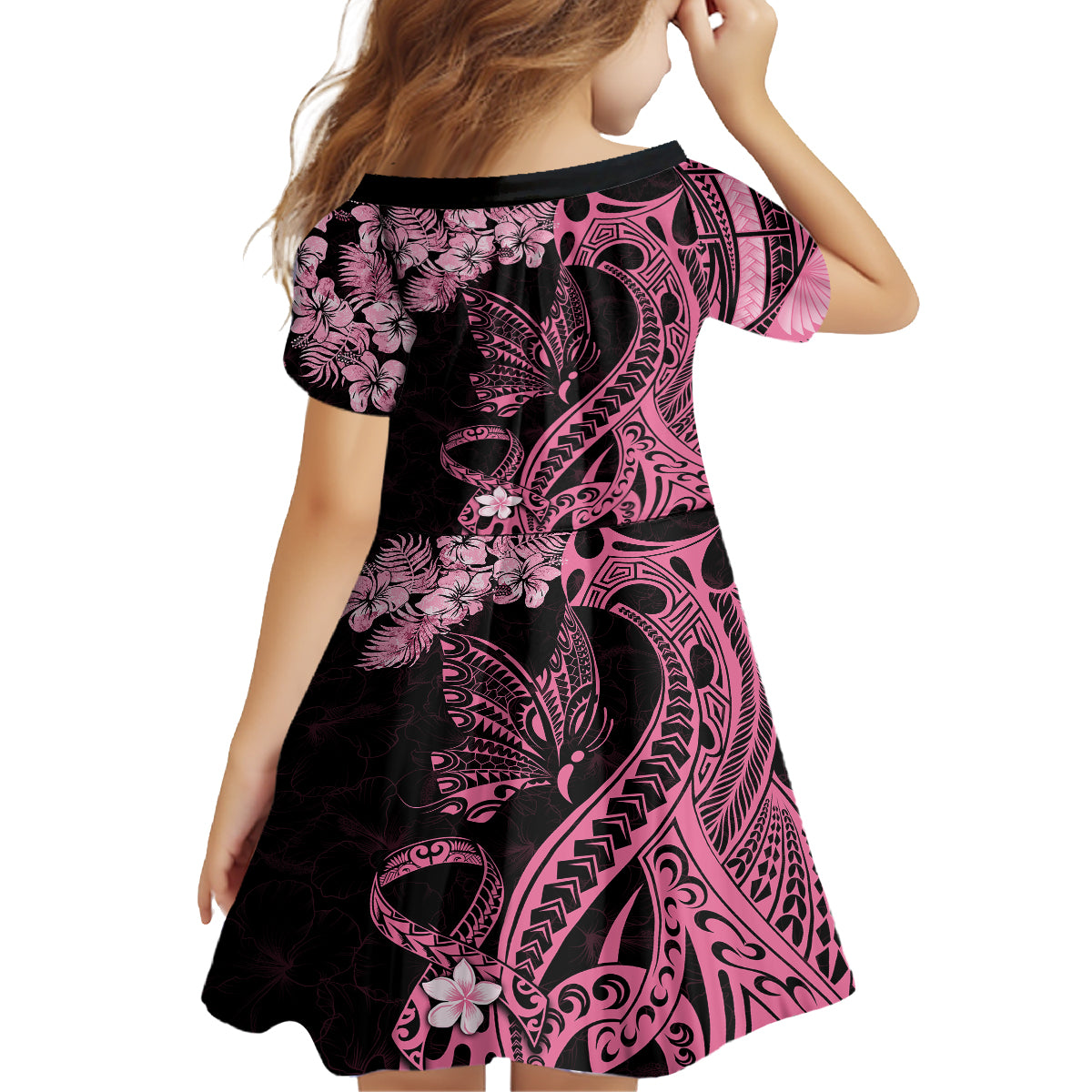 Polynesian Floral Butterfly Family Matching Off Shoulder Short Dress and Hawaiian Shirt Breast Cancer Pink Ribbon LT9 - Wonder Print Shop