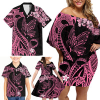 Polynesian Floral Butterfly Family Matching Off Shoulder Short Dress and Hawaiian Shirt Breast Cancer Pink Ribbon LT9 - Wonder Print Shop