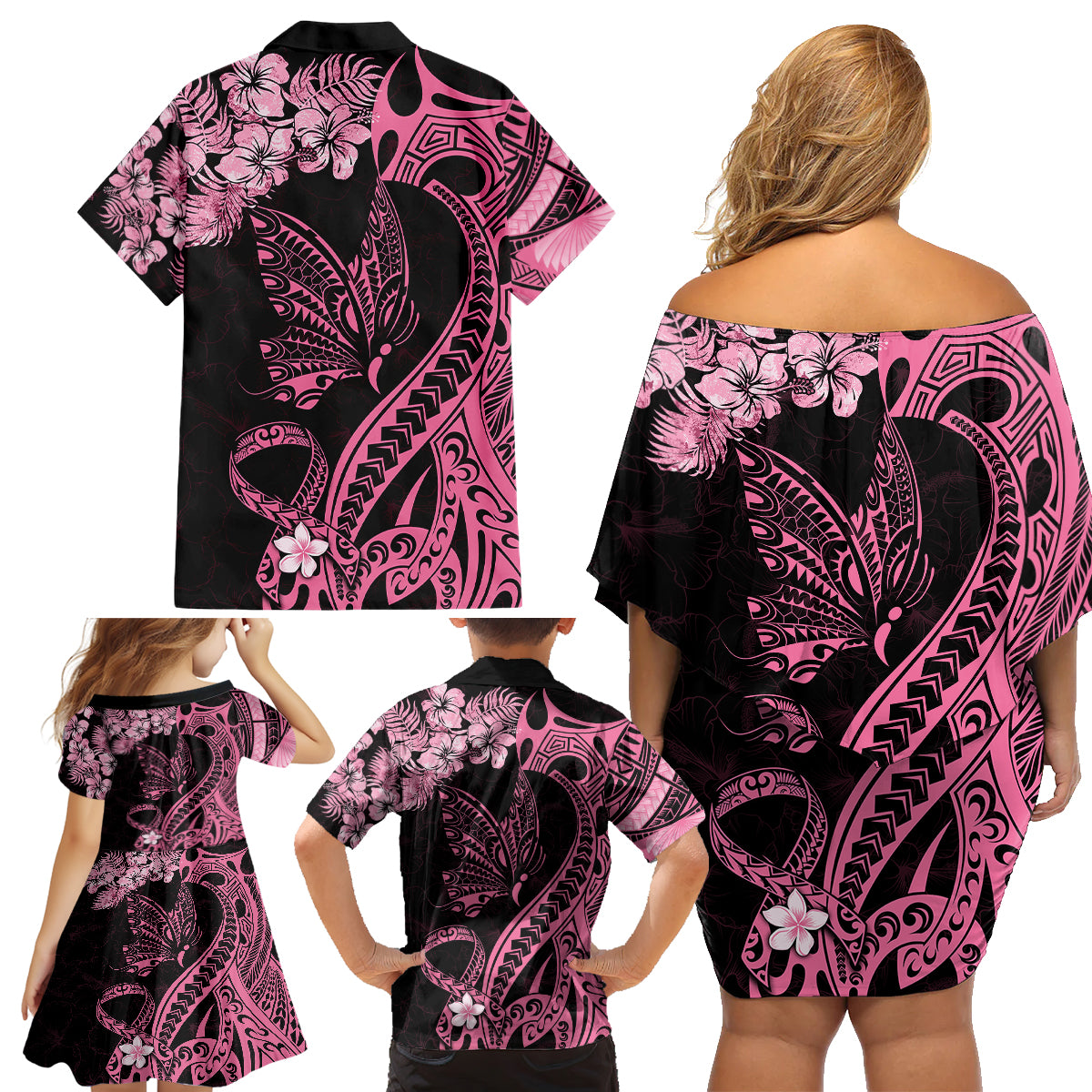 Polynesian Floral Butterfly Family Matching Off Shoulder Short Dress and Hawaiian Shirt Breast Cancer Pink Ribbon LT9 - Wonder Print Shop