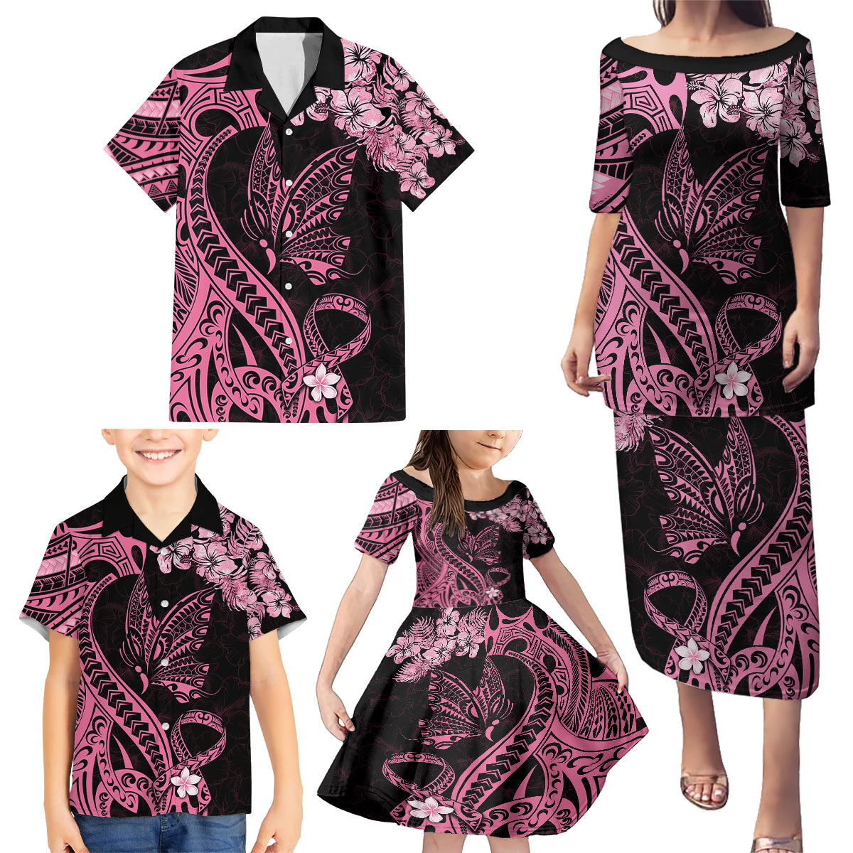 Polynesian Floral Butterfly Family Matching Puletasi Dress and Hawaiian Shirt Breast Cancer Pink Ribbon - Wonder Print Shop
