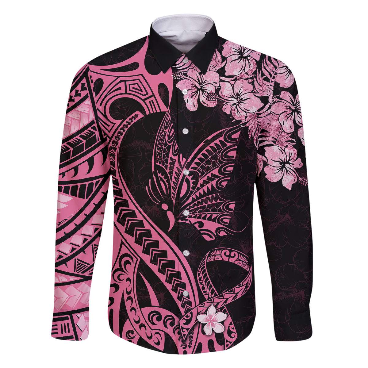 Polynesian Floral Butterfly Family Matching Puletasi Dress and Hawaiian Shirt Breast Cancer Pink Ribbon - Wonder Print Shop