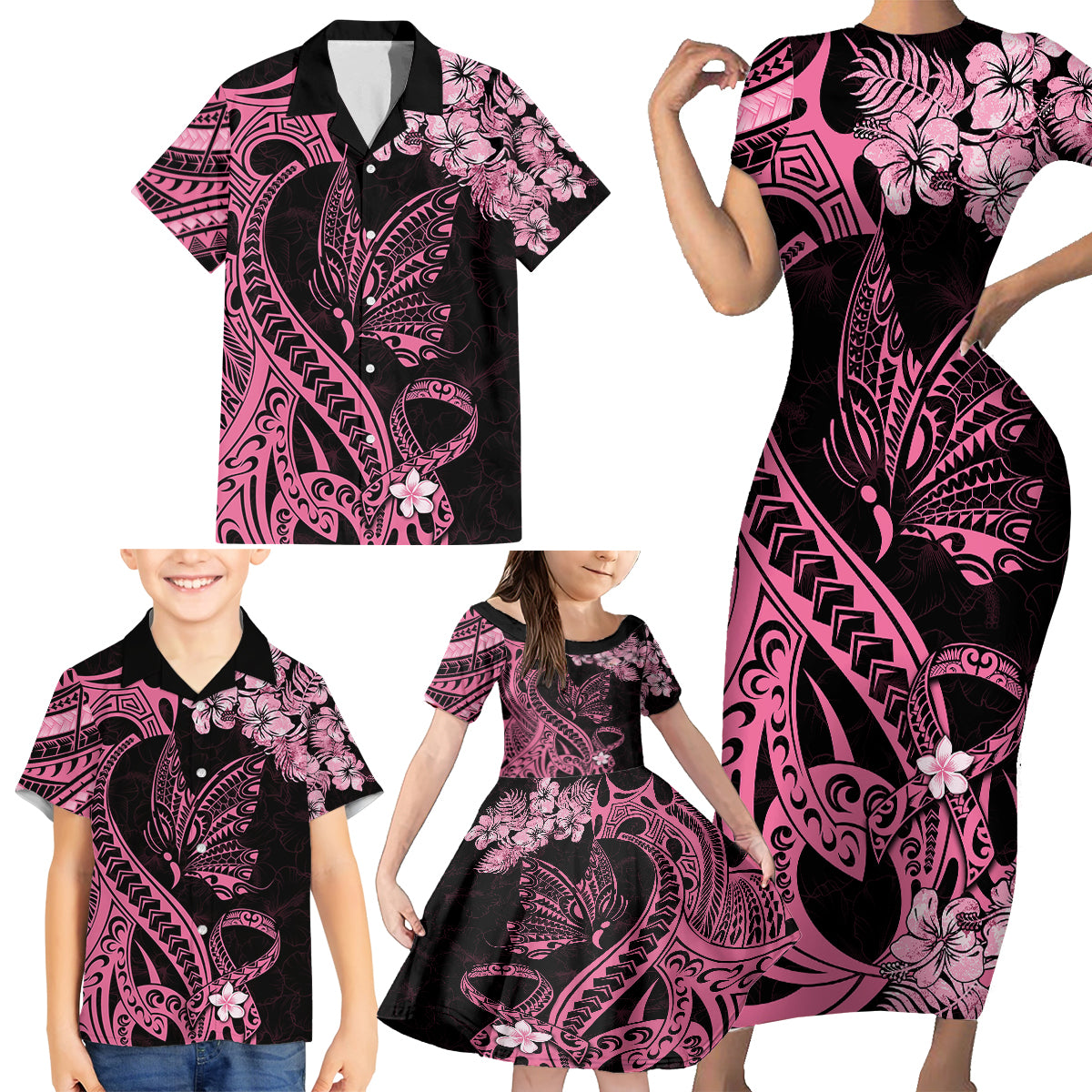 Polynesian Floral Butterfly Family Matching Short Sleeve Bodycon Dress and Hawaiian Shirt Breast Cancer Pink Ribbon - Wonder Print Shop