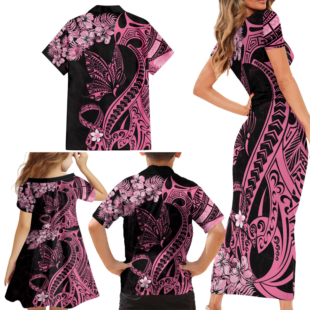 Polynesian Floral Butterfly Family Matching Short Sleeve Bodycon Dress and Hawaiian Shirt Breast Cancer Pink Ribbon - Wonder Print Shop