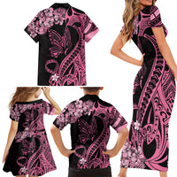 Polynesian Floral Butterfly Family Matching Short Sleeve Bodycon Dress and Hawaiian Shirt Breast Cancer Pink Ribbon - Wonder Print Shop