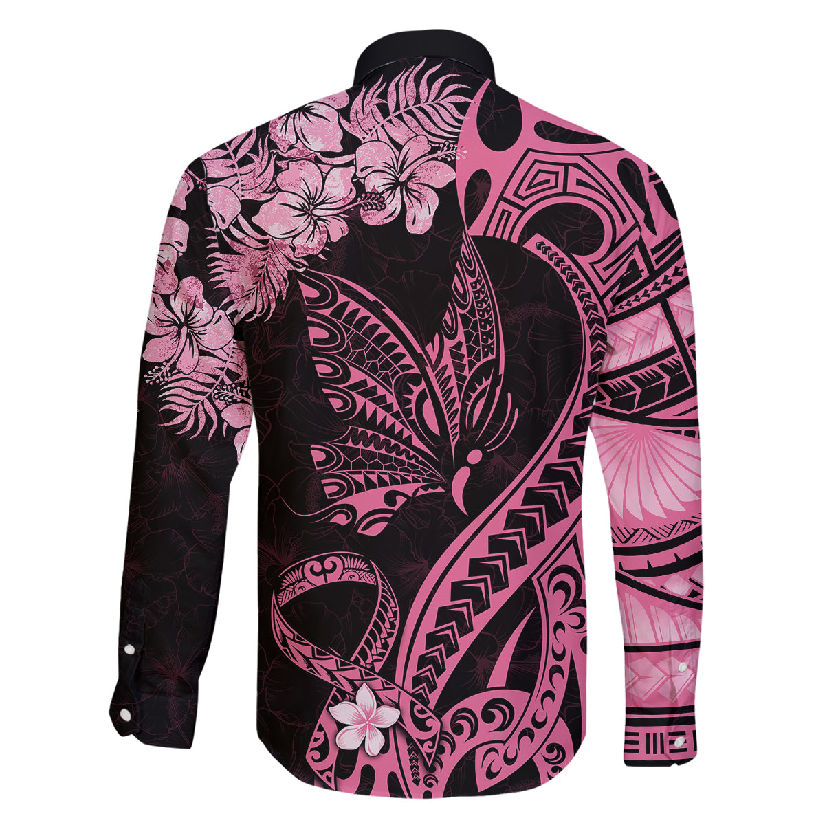 Polynesian Floral Butterfly Family Matching Short Sleeve Bodycon Dress and Hawaiian Shirt Breast Cancer Pink Ribbon - Wonder Print Shop
