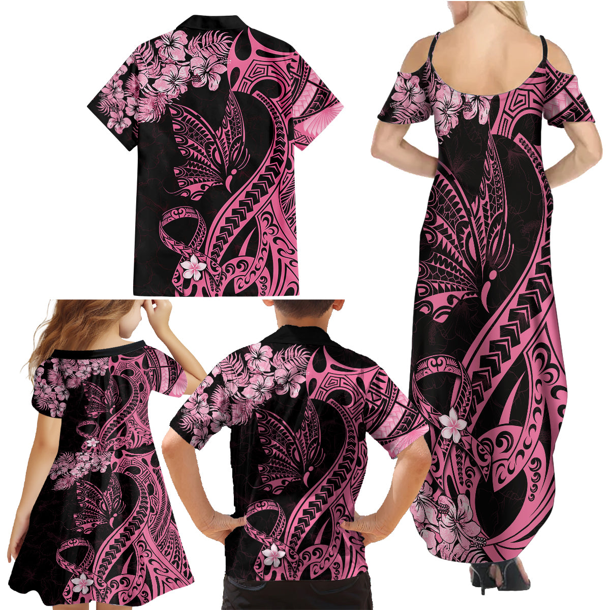 Polynesian Floral Butterfly Family Matching Summer Maxi Dress and Hawaiian Shirt Breast Cancer Pink Ribbon - Wonder Print Shop