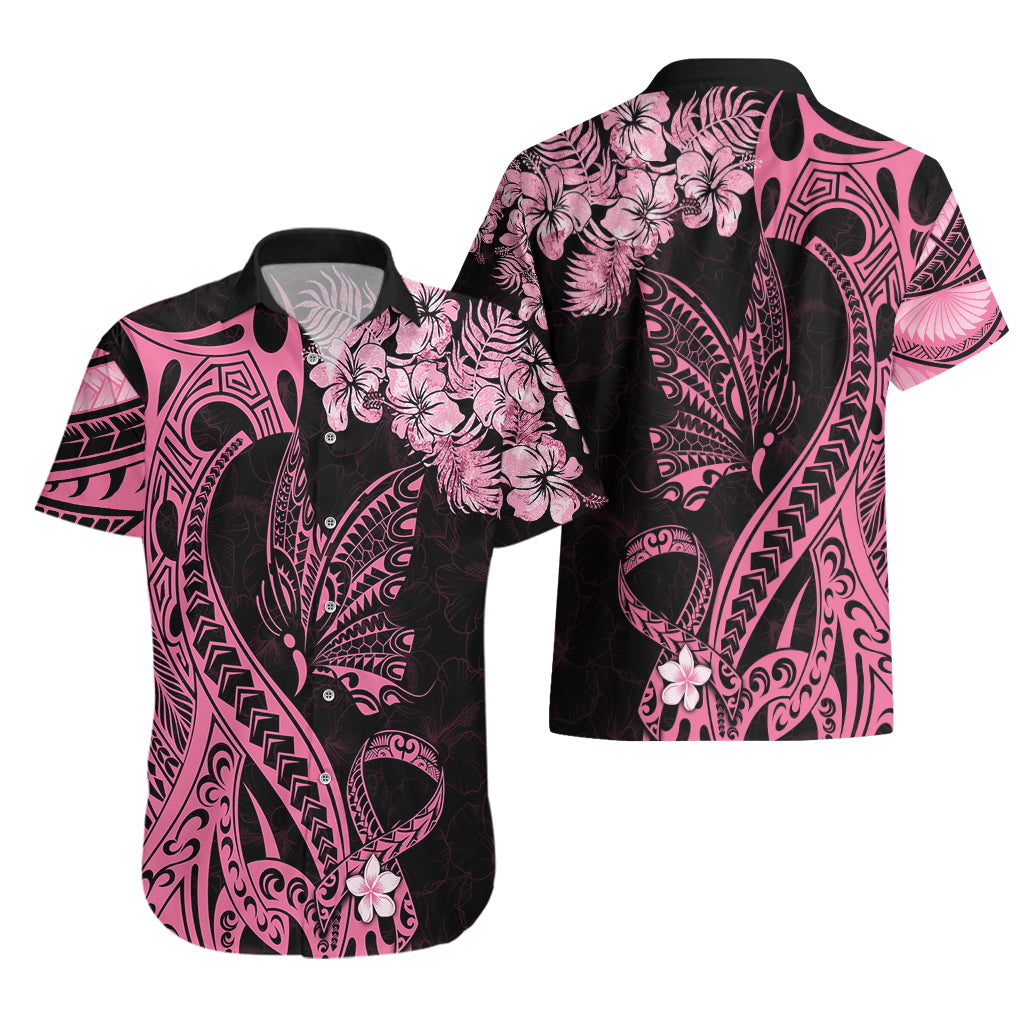 Polynesian Floral Butterfly Hawaiian Shirt Breast Cancer Pink Ribbon - Wonder Print Shop