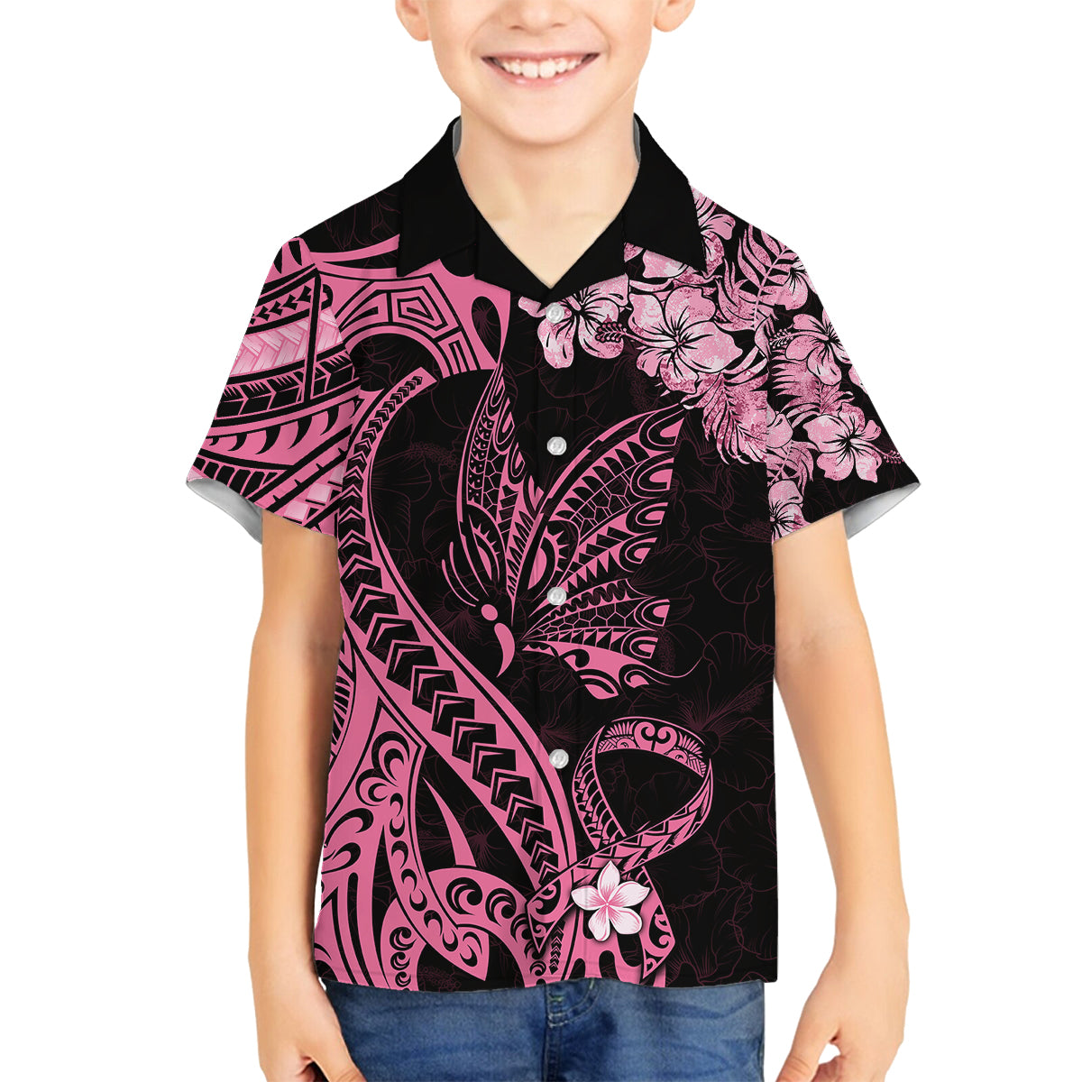 Polynesian Floral Butterfly Kid Hawaiian Shirt Breast Cancer Pink Ribbon - Wonder Print Shop