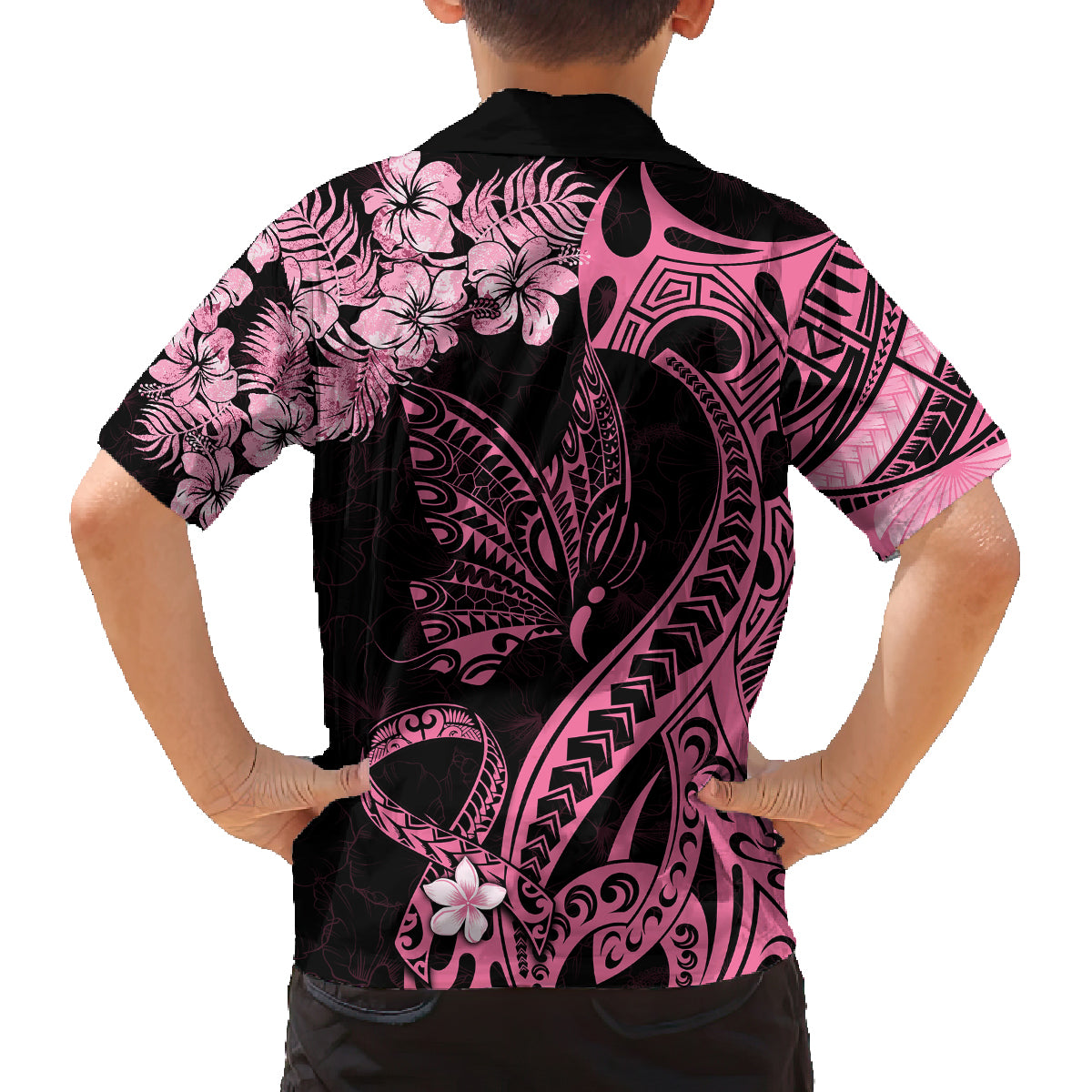 Polynesian Floral Butterfly Kid Hawaiian Shirt Breast Cancer Pink Ribbon - Wonder Print Shop