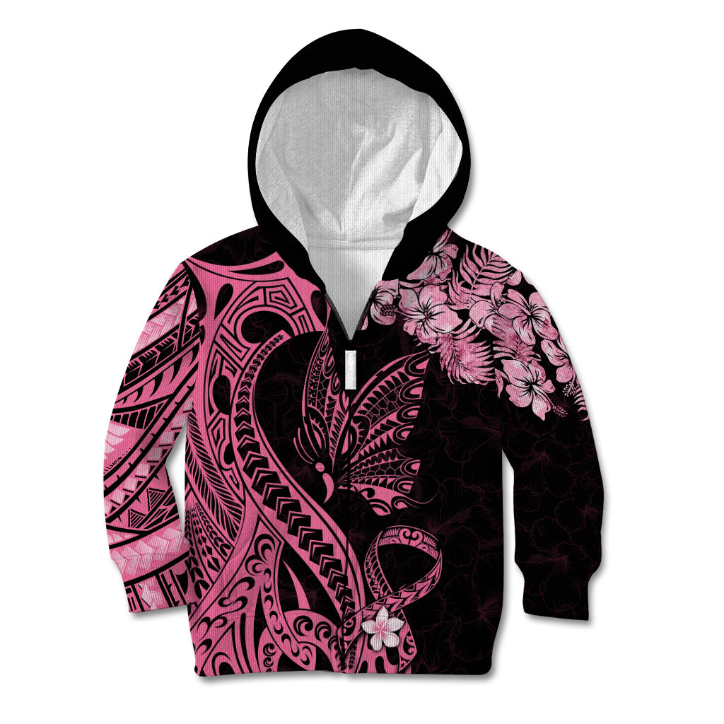 Polynesian Floral Butterfly Kid Hoodie Breast Cancer Pink Ribbon - Wonder Print Shop