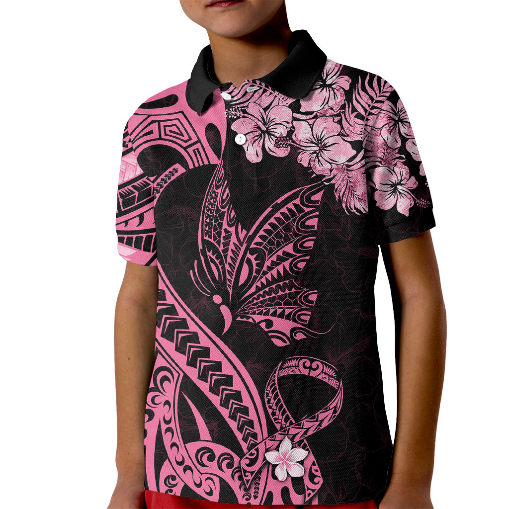Polynesian Floral Butterfly Kid Polo Shirt Breast Cancer Pink Ribbon - Wonder Print Shop