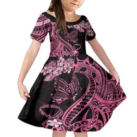 Polynesian Floral Butterfly Kid Short Sleeve Dress Breast Cancer Pink Ribbon - Wonder Print Shop