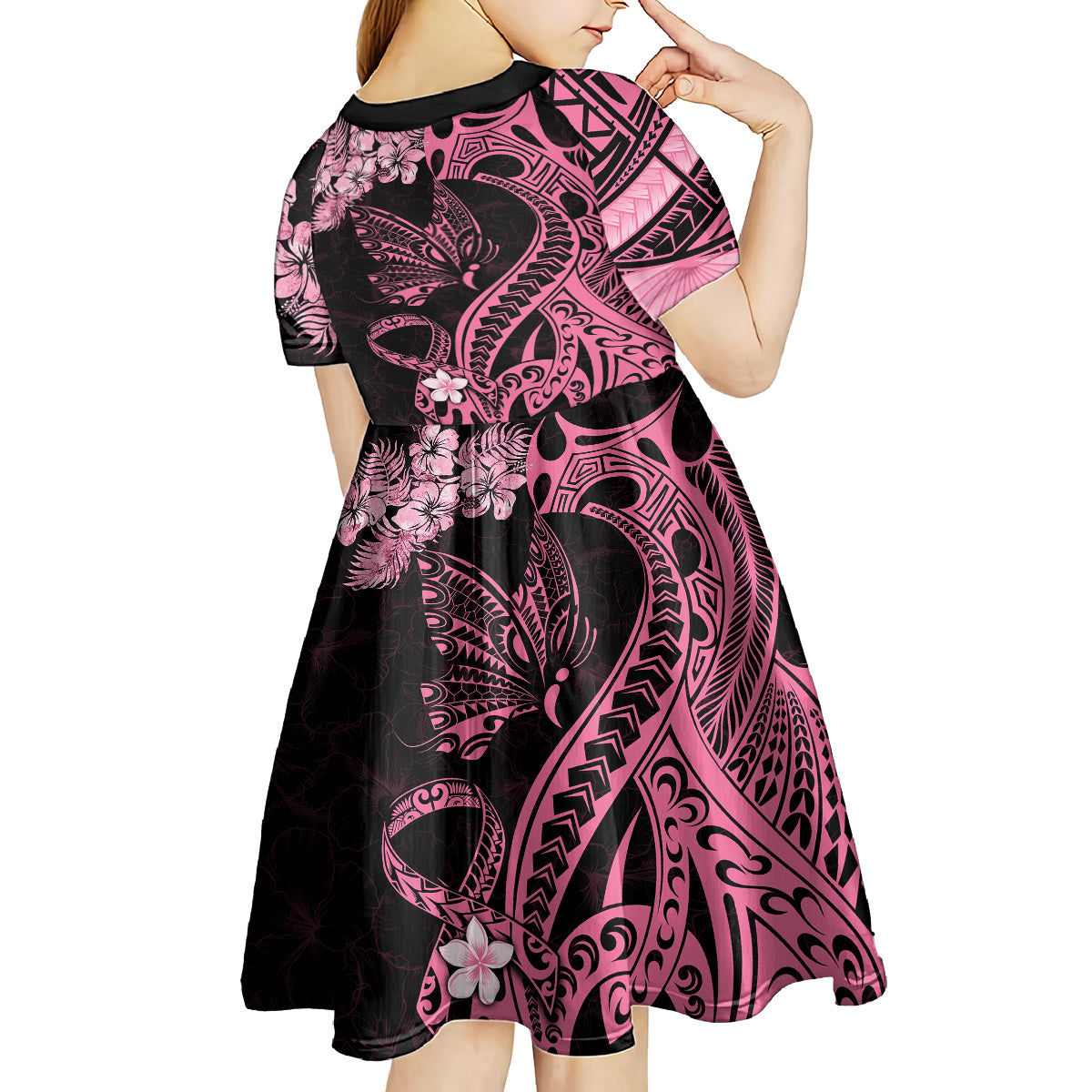 Polynesian Floral Butterfly Kid Short Sleeve Dress Breast Cancer Pink Ribbon - Wonder Print Shop