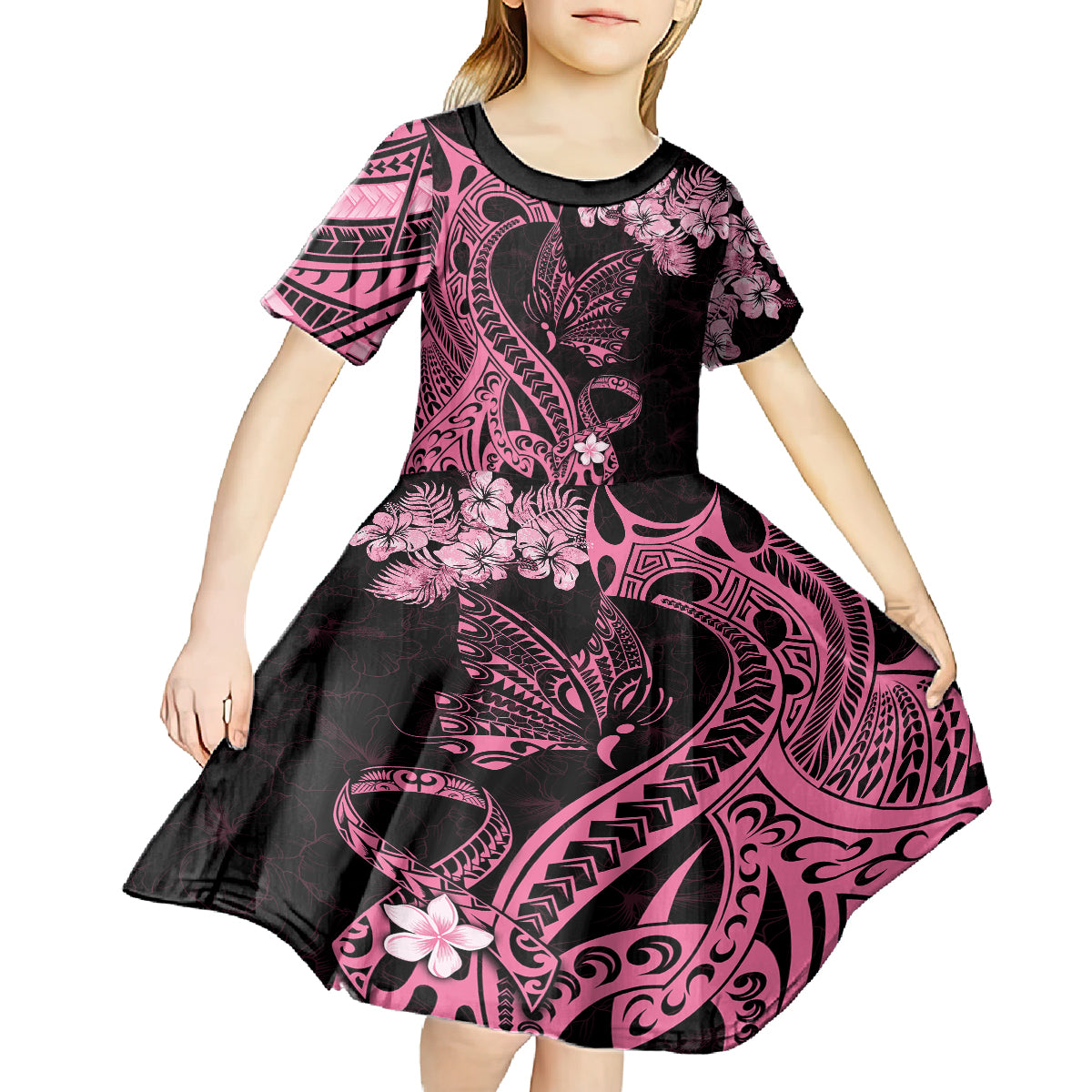 Polynesian Floral Butterfly Kid Short Sleeve Dress Breast Cancer Pink Ribbon - Wonder Print Shop